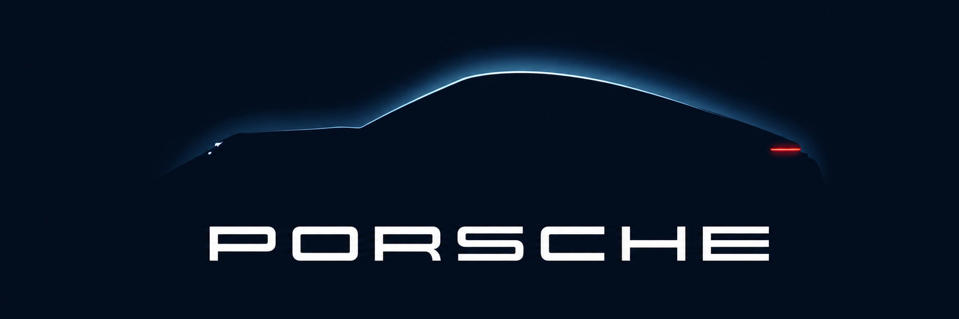Blaue Porsche-Silhouette mit beleuchteter Dachlinie und Porsche-Schriftzug